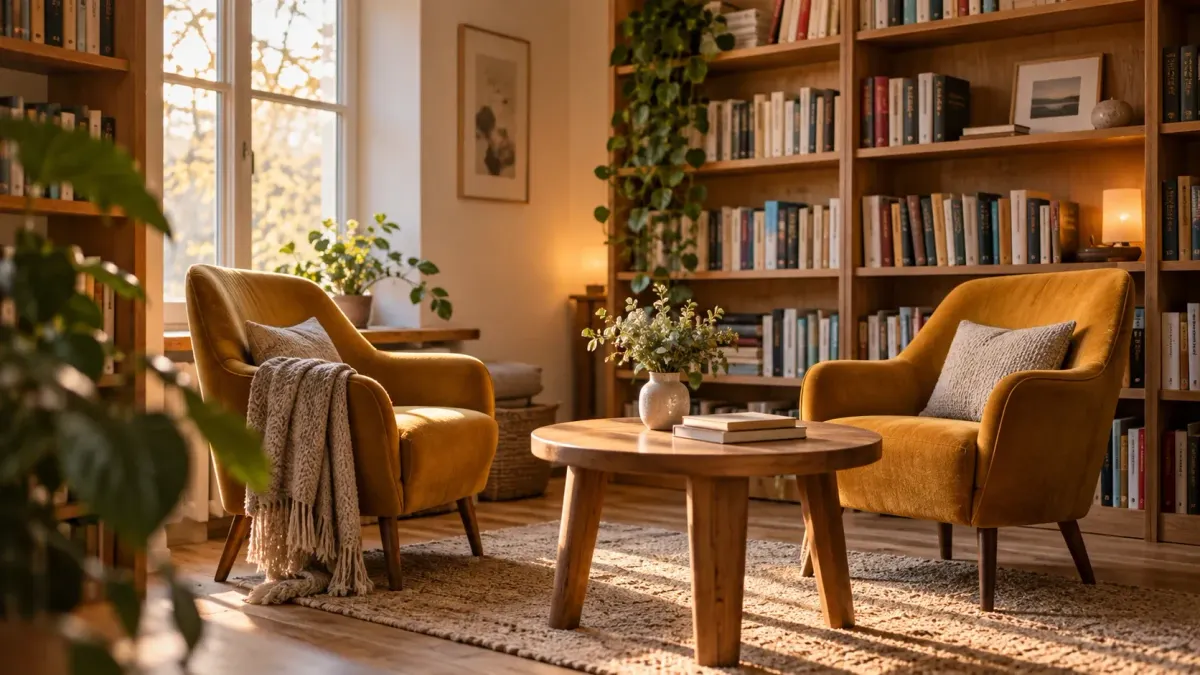 Zwei warme ockerfarbene Sessel stehen in einer einladenden Bibliothek um einen kleinen Holztisch.
