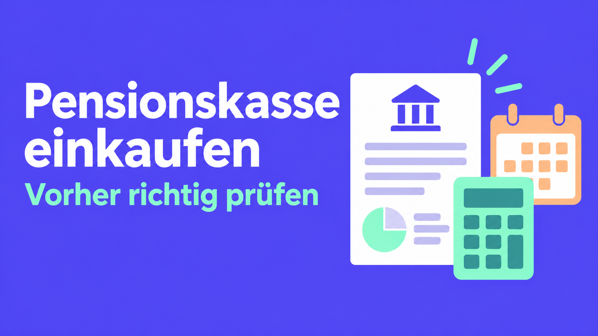Flache 2D-Illustration mit Vorsorgedokument, Rechner und Kalender zum Pensionskasseneinkauf.