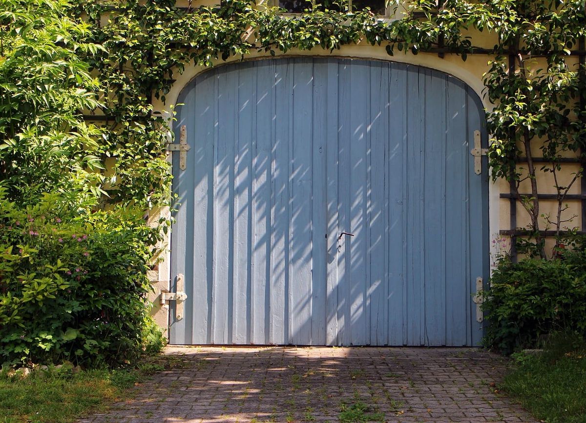 Symbolbild: Blaue Holztür eines Garagentors mit umrankenden grünen Pflanzen