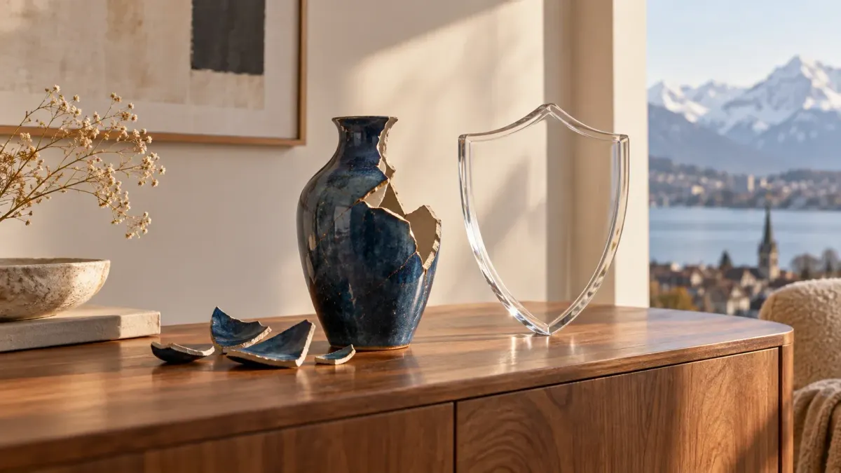 Eine zerbrochene blaue Vase steht hinter einem transparenten Schutzschild auf einem Holztisch.