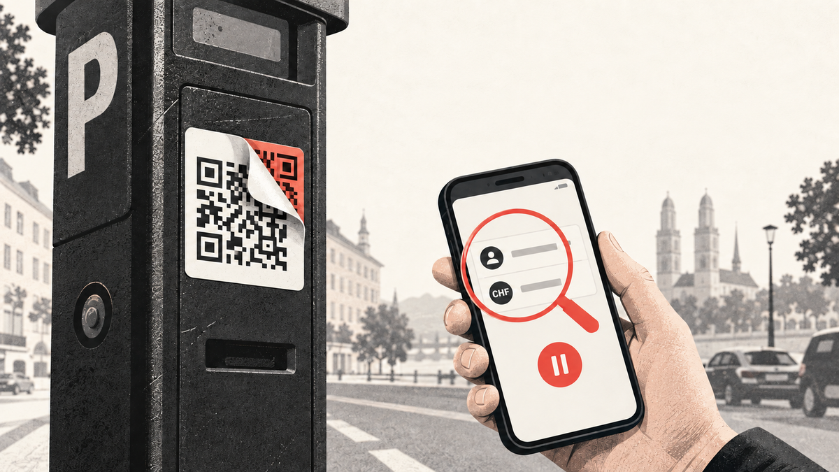 Illustration eines überklebten QR-Codes am Parkautomaten und eines Smartphones, auf dem Empfänger und Betrag hervorgehoben sind.