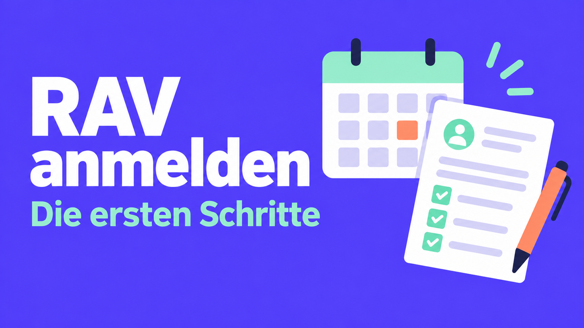 Flache Illustration mit Bewerbungsunterlagen und Kalender zur Anmeldung beim RAV.
