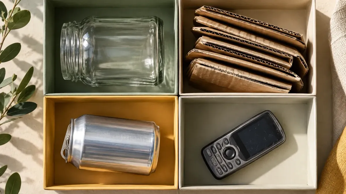 Glasgefäss, gefalteter Karton, Aluminiumdose und altes Handy in vier getrennten Fächern.