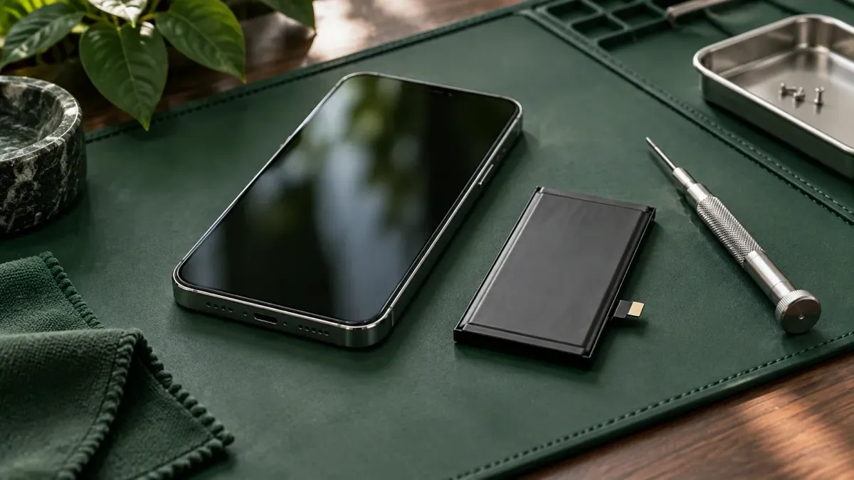 Ein Smartphone, ein Ersatzakku und Präzisionswerkzeug liegen geordnet auf einer dunkelgrünen Arbeitsmatte.