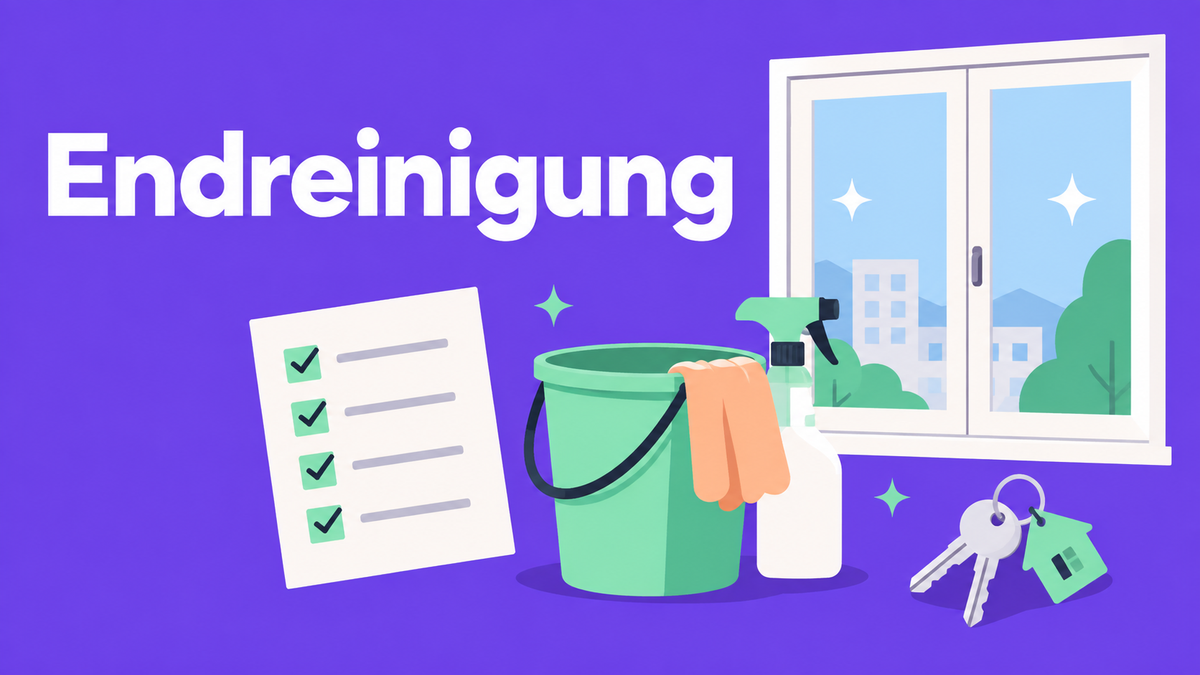Flache 2D-Illustration eines Wohnungsfensters mit Putzeimer, Schlüsseln und Checkliste.