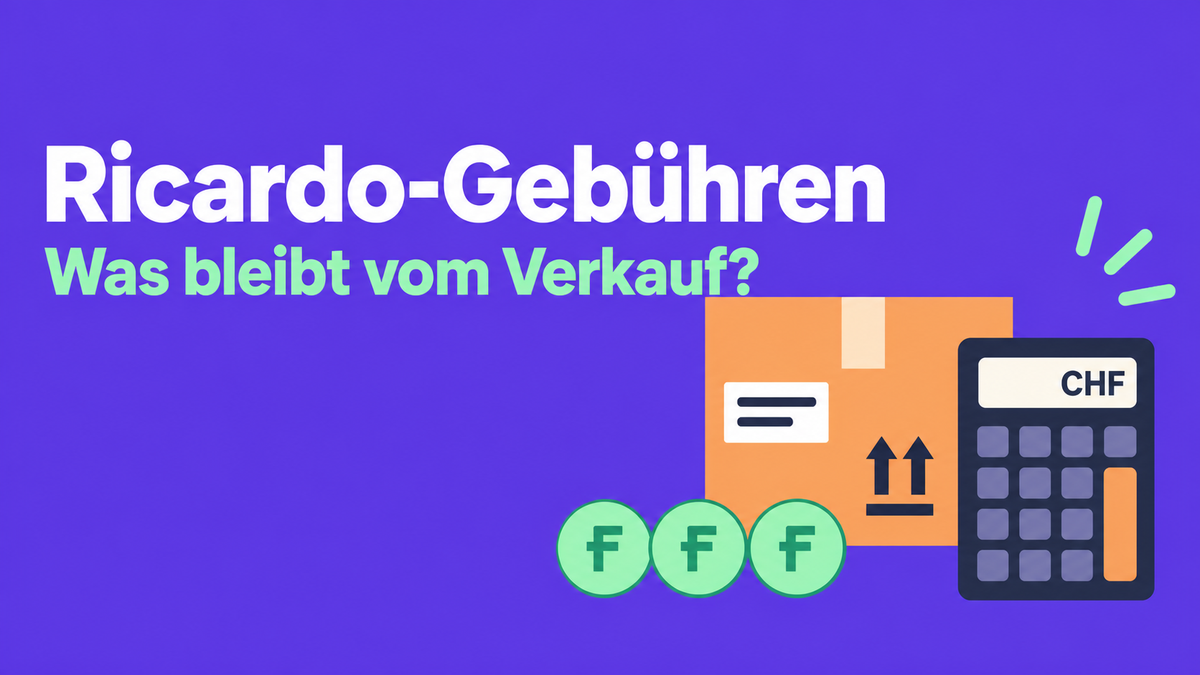Flache 2D-Illustration mit Paket, Rechner und Münzen zur Berechnung der Ricardo-Gebühren.