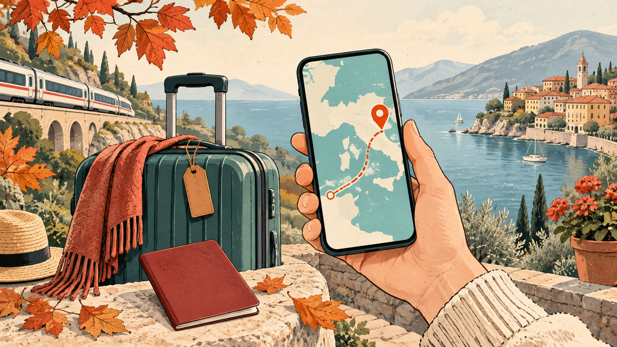 Illustration eines Smartphones mit Reiseroute neben Koffer und Pass an einer herbstlichen Küste.