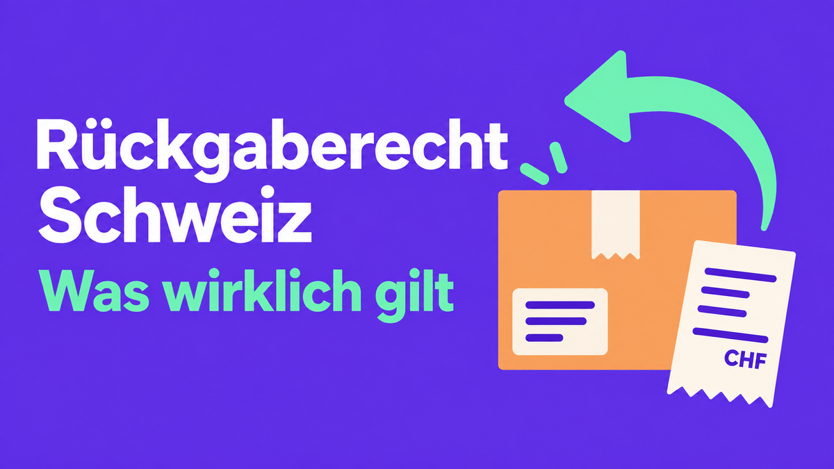 Flache 2D-Illustration mit Paket, Beleg und Rückgabepfeil zum Schweizer Rückgaberecht.