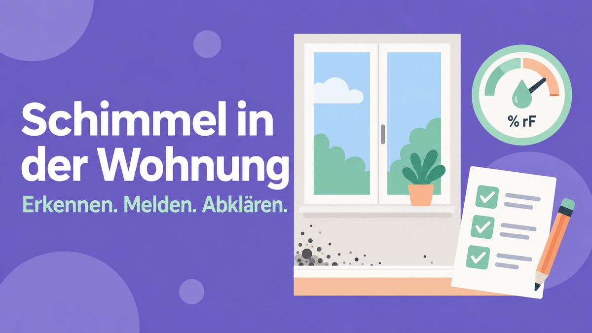 Flache 2D-Illustration eines Fensters mit Schimmelspuren, Feuchtigkeitsanzeige und Checkliste.