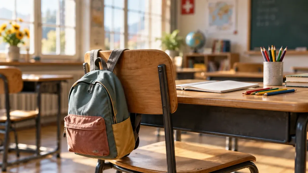 Schulrucksack an einem Holzstuhl neben Heft und Farbstiften in einem hellen Klassenzimmer.