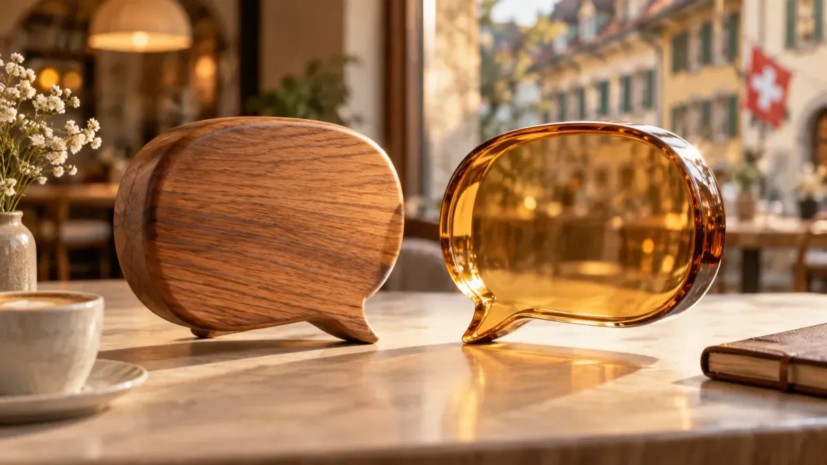 Sprechblasen aus Holz und bernsteinfarbenem Glas auf einem Cafétisch.