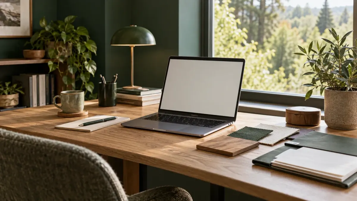 Laptop mit leerem Bildschirm, Notizbuch und Materialmuster auf einem ruhigen Arbeitsplatz zuhause.