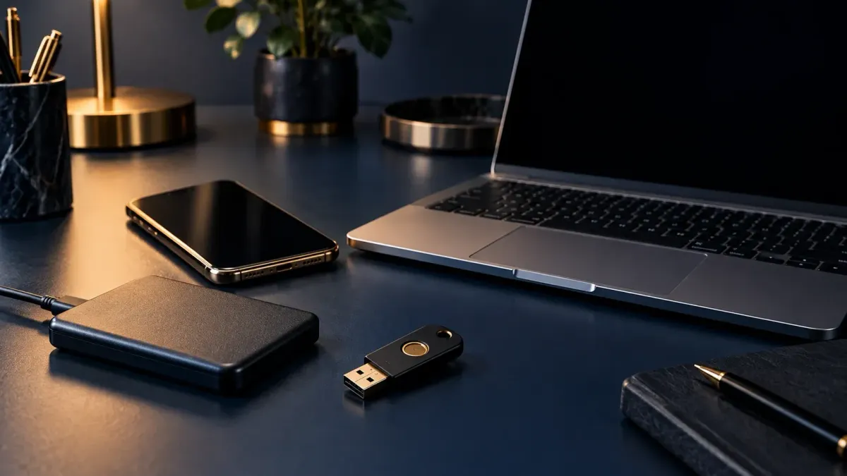 Smartphone, Laptop, externe Festplatte und ein Sicherheitsschlüssel auf einer dunklen Schreibtischfläche.