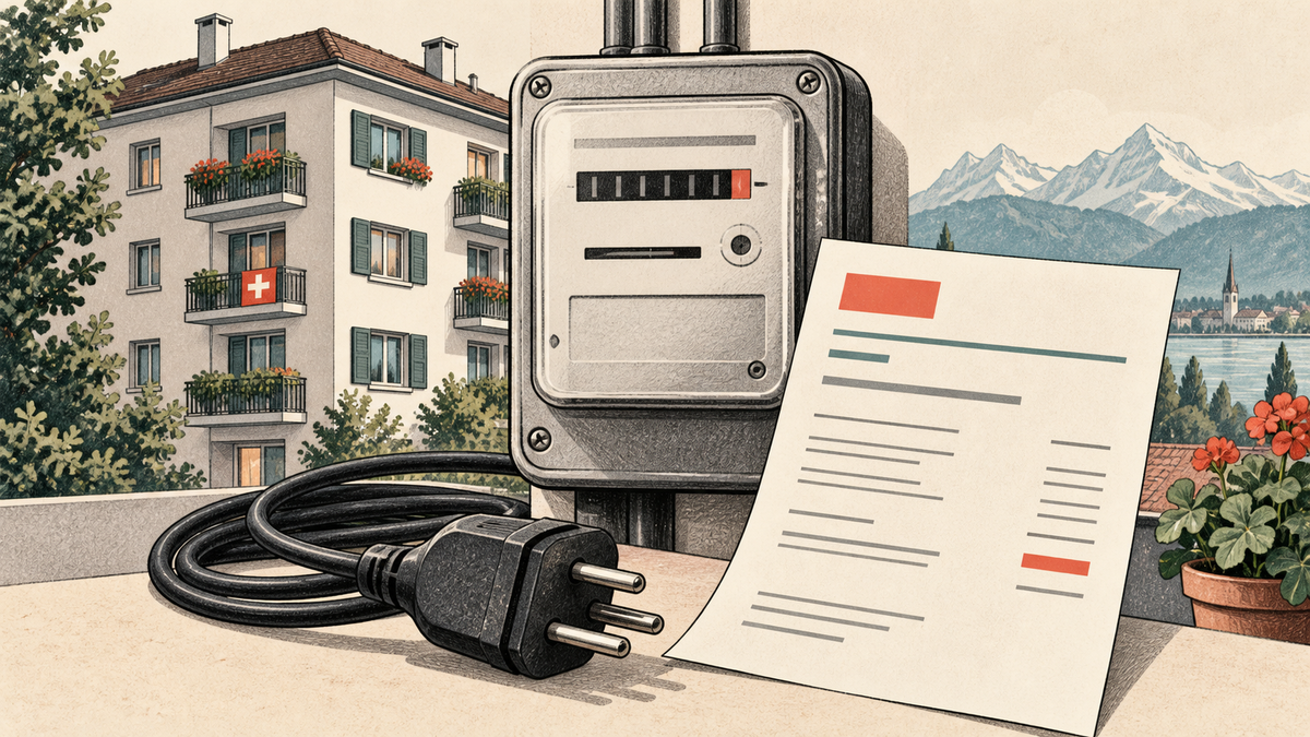 Illustration mit Stromzähler, Rechnung und Stecker vor einem Schweizer Wohnhaus.