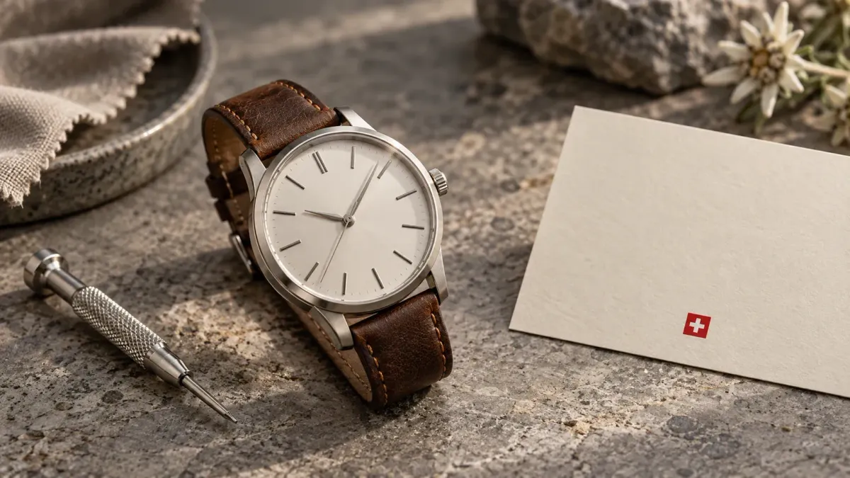 Eine schlichte Uhr mit Lederarmband liegt neben einem Schraubendreher und einer Karte mit Schweizerkreuz.