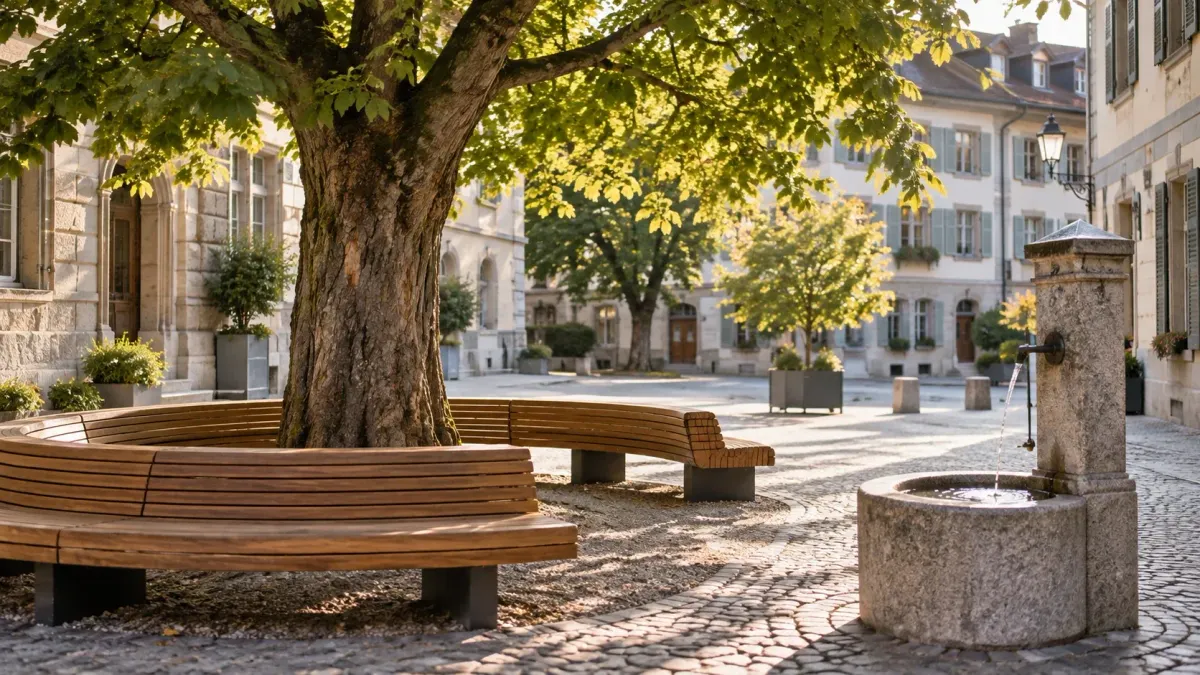Eine runde Holzbank umschliesst einen Baum auf einem öffentlichen Platz mit einem steinernen Brunnen.