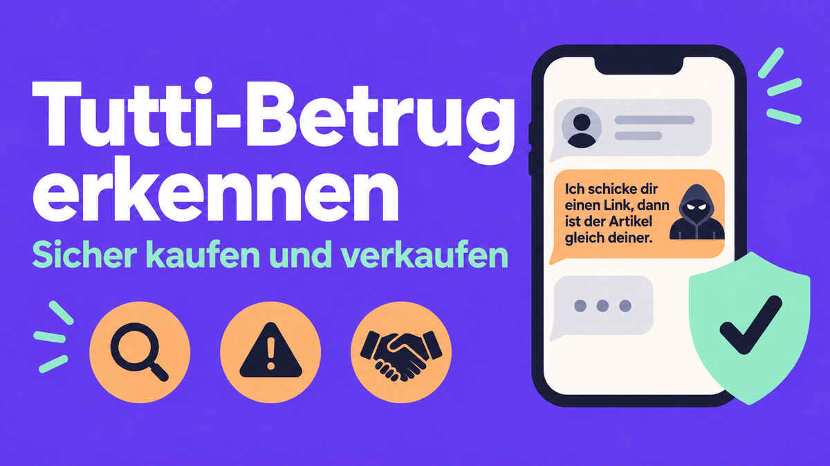 Flache 2D-Illustration mit Smartphone, verdächtiger Nachricht und Schutzschild gegen Tutti-Betrug.