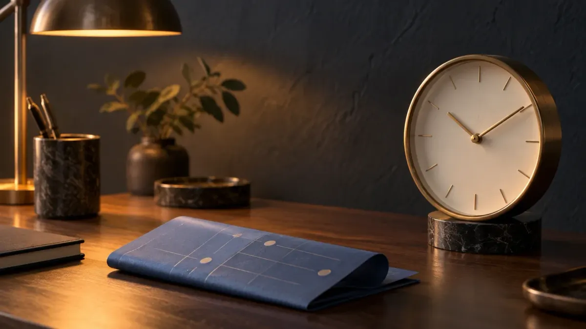 Eine goldfarbene Tischuhr steht neben einer Arbeitszeitnotiz im warmen Licht einer Schreibtischlampe.