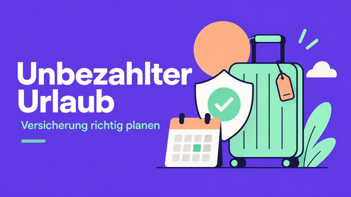 Flache Illustration mit Koffer, Kalender und Schutzschild zum Versicherungsschutz während unbezahlten Urlaubs.