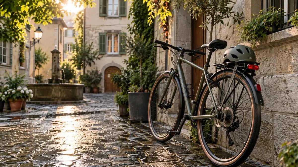 Alltagsvelo mit Schutzblechen, Gepäckträger und Helm in einem sonnigen Hof mit nassem Pflaster.