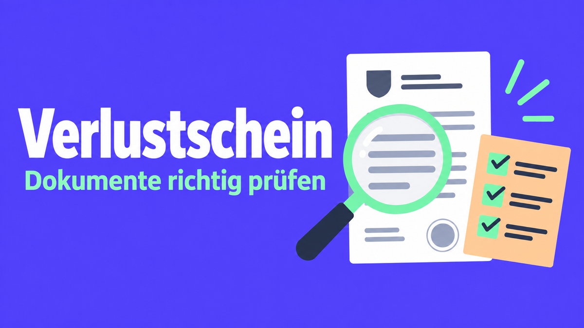 Flache Illustration eines Verlustscheins mit Lupe und Checkliste vor violettem Hintergrund.