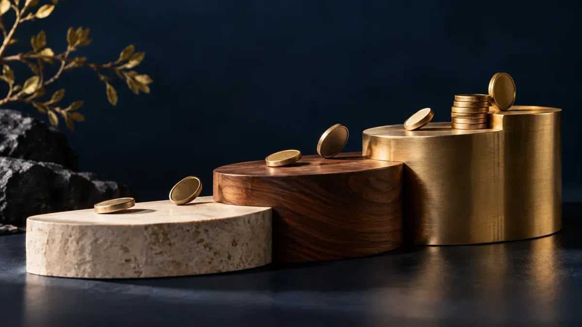 Drei unterschiedlich hohe Plattformen aus Stein, Holz und Messing vor dunklem Hintergrund.