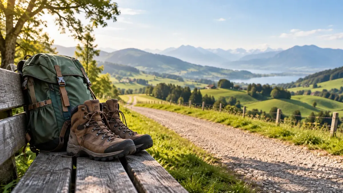 Wanderschuhe und grüner Rucksack auf einer Holzbank neben einem sanften Weg mit Blick auf Hügel und See.