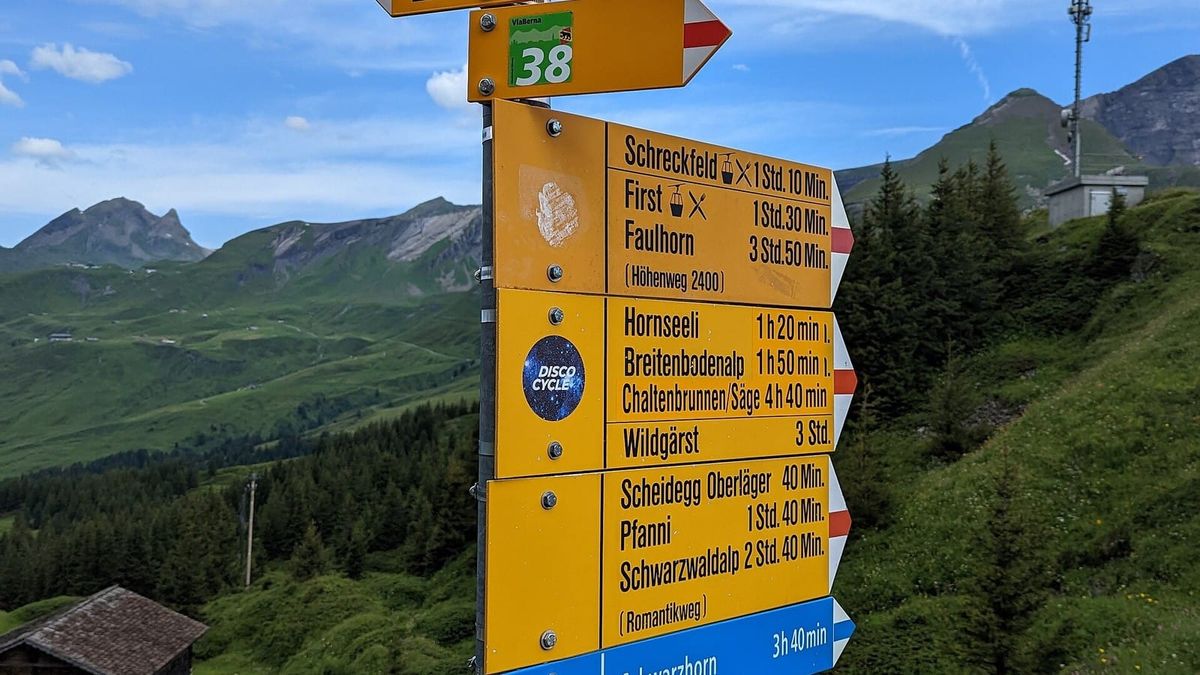Wanderwegweiser auf der Grossen Scheidegg mit verschieden markierten Zielen