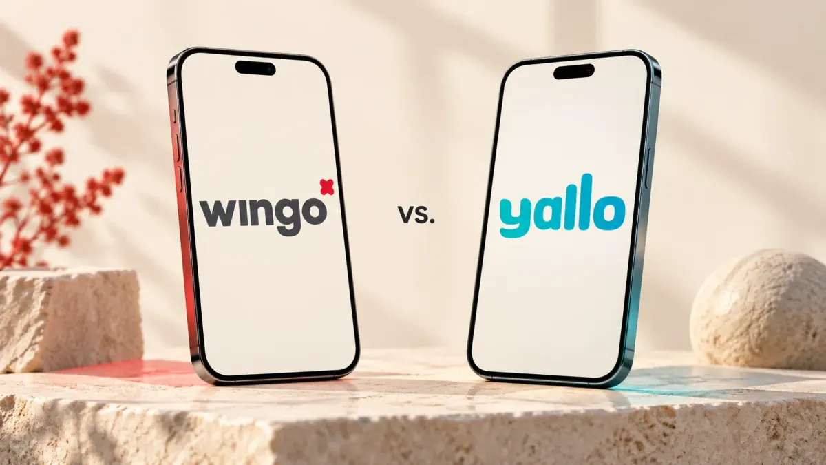 Zwei Smartphones mit den offiziellen Logos von Wingo und yallo auf einer hellen Steinfläche.