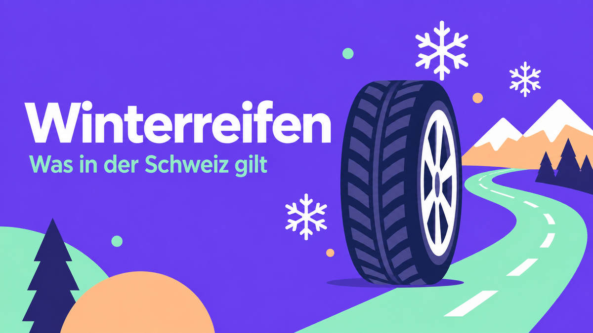 Flache Illustration eines Winterreifens mit Schneeflocken, Bergen und einer Strasse auf violettem Hintergrund.