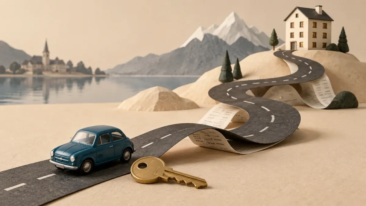 Ein Modellhaus ist über eine gewundene Strasse mit einem kleinen Auto verbunden; daneben liegt ein Schlüssel.