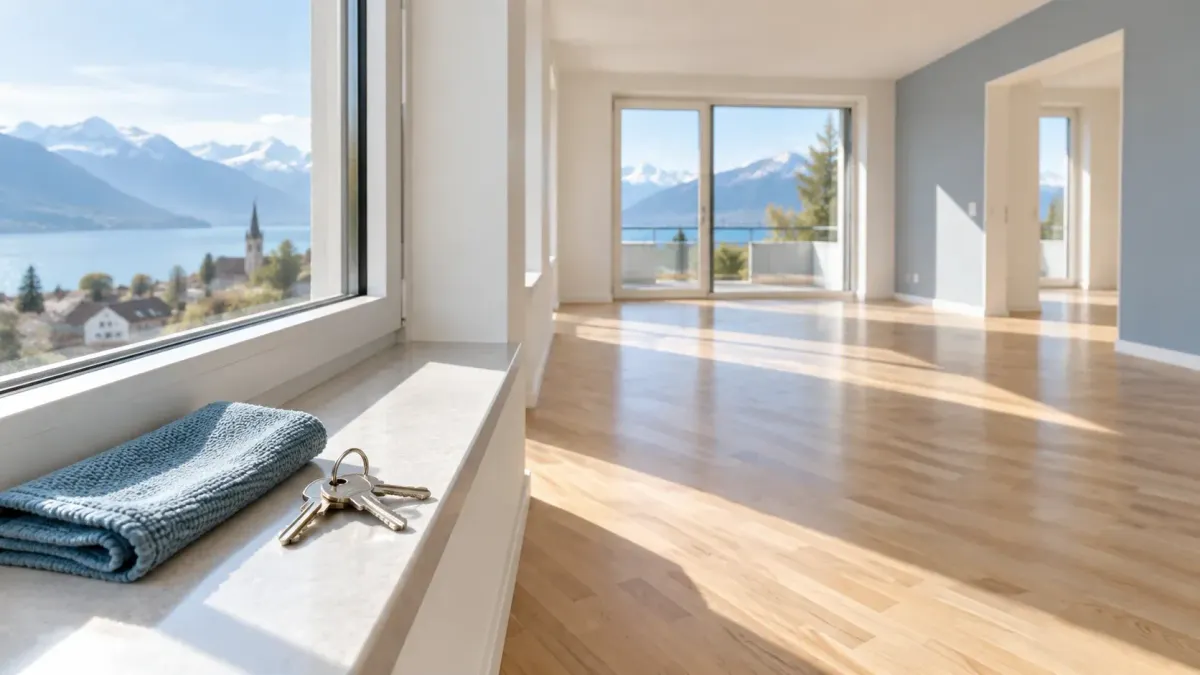 Schlüssel und Reinigungstuch am Fenster einer leeren, hellen Wohnung.