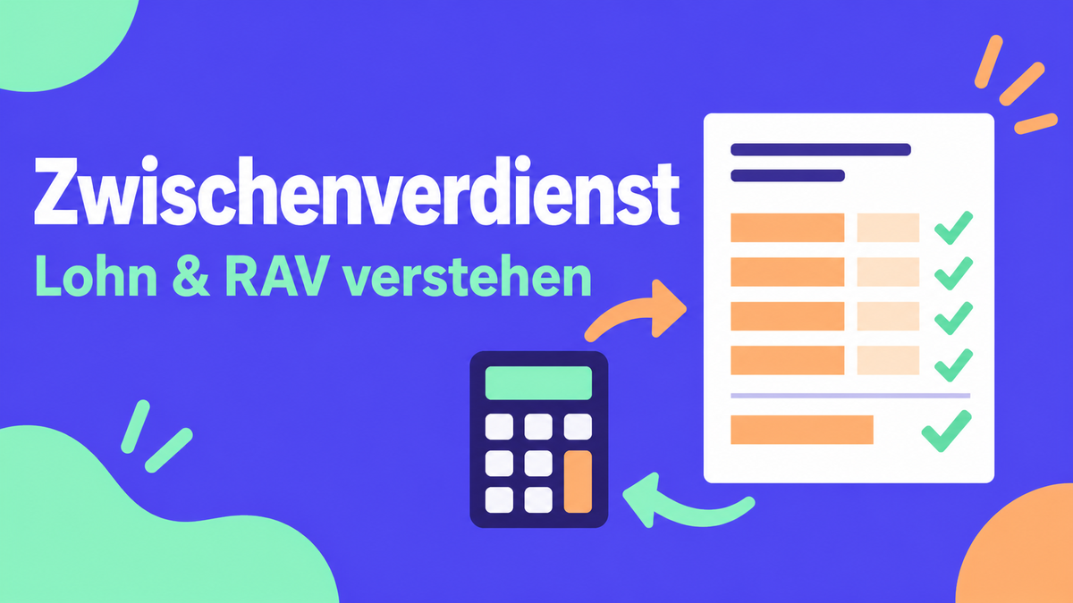 Flache 2D-Illustration mit Lohnabrechnung und Rechner zum Zwischenverdienst beim RAV.