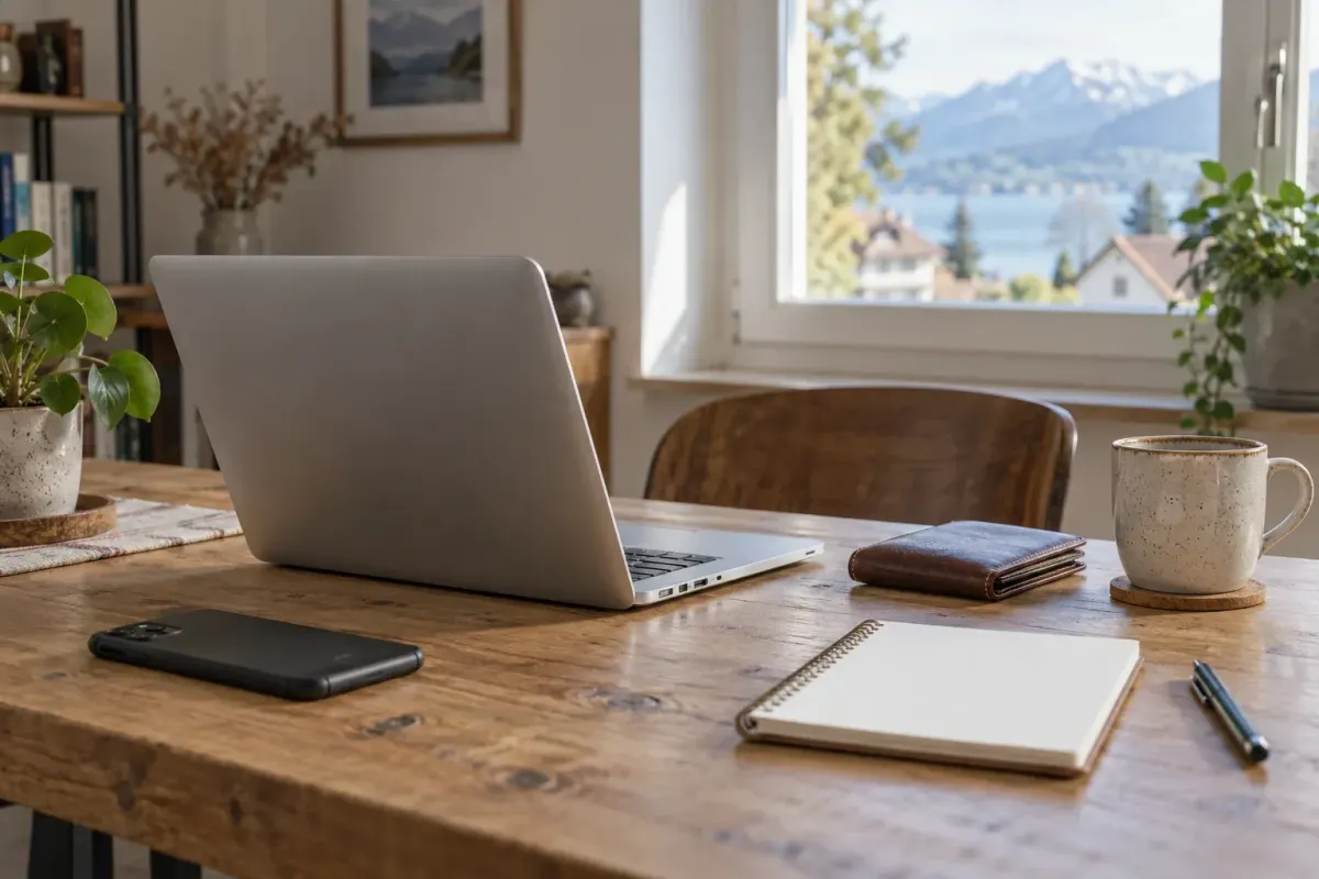 Laptop, Smartphone und Portemonnaie auf einem Schreibtisch – KI-generiertes Symbolbild.