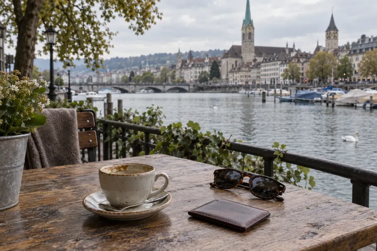 Kaffeetasse, Sonnenbrille und Portemonnaie auf einer Terrasse am Wasser – KI-generiertes Symbolbild.