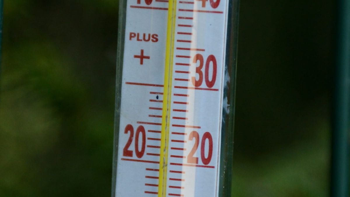 Aussenthermometer mit Celsius-Skala vor grünem Hintergrund