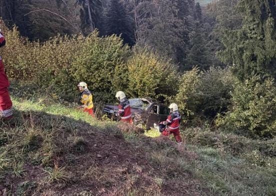steiles Wiesenbord und Waldstück, Autowrack wird durch mehrere Feuerwehrleute gesichert