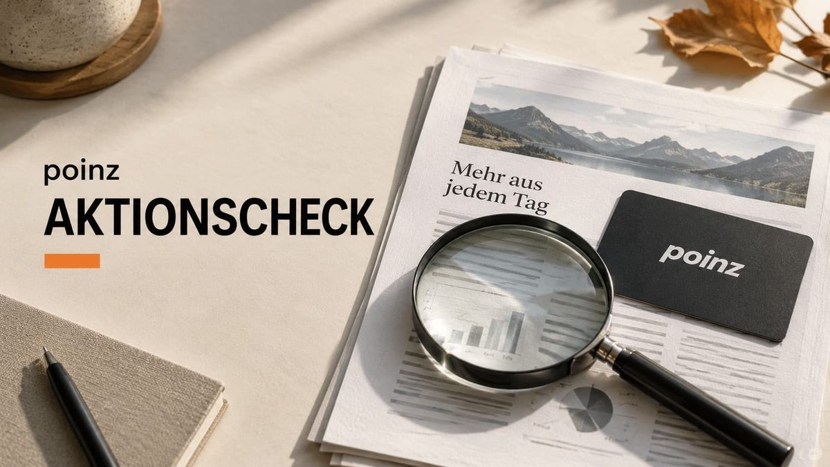 Symbolbild zum poinz Aktionscheck mit Unterlagen, Lupe und schwarzer Karte.