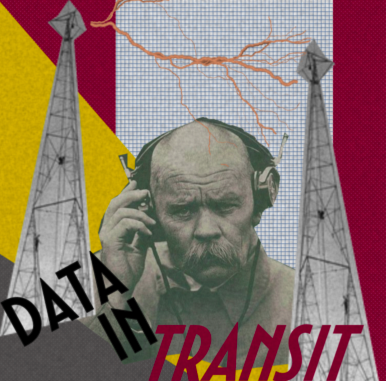 An image of two cell towers connected by lightning, simulating data transiting the two towers. A man sits in between with headphones on, representing someone listening in on the communication. Below, text reading "Data in Transit"