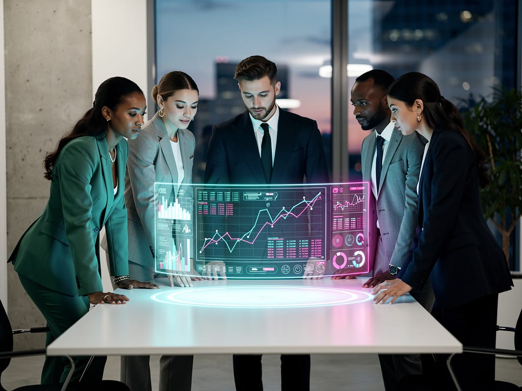 Professionals collaborating around a futuristic financial data display.