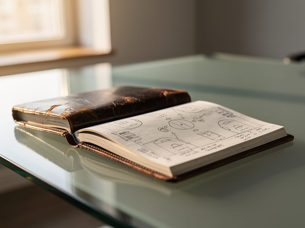 An open playbook with economic charts on a desk