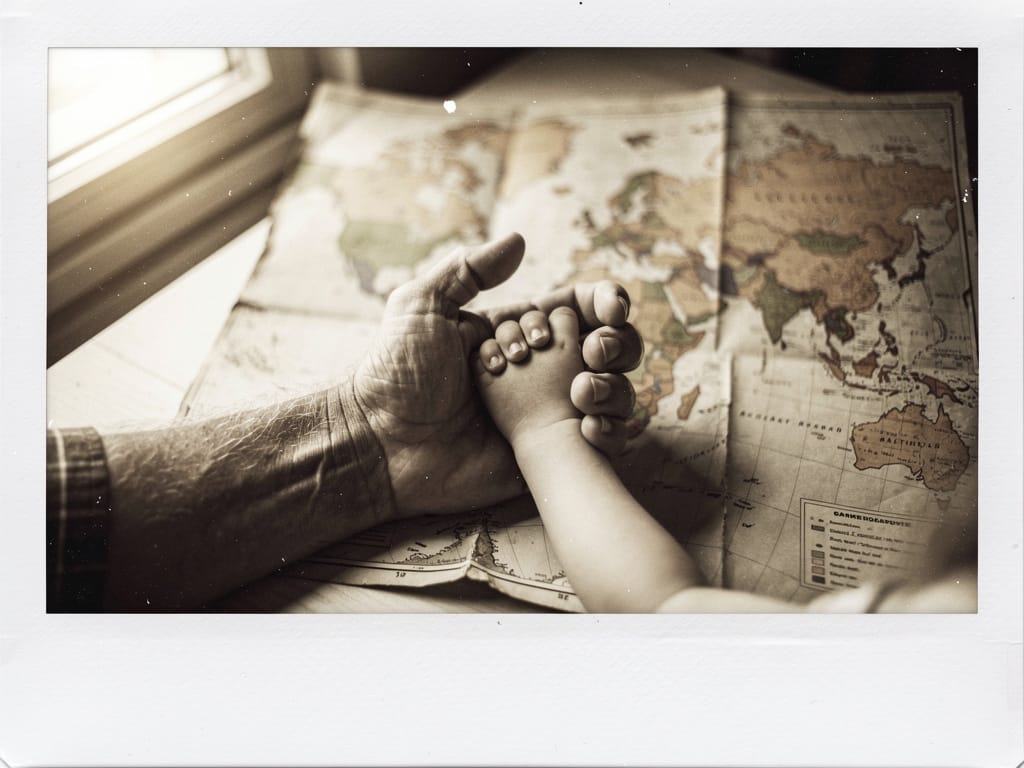 A close-up of an old hand and a young hand on a world map.