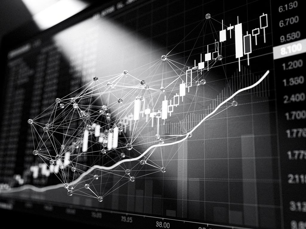 Neural network diagram superimposed on a stock market chart.