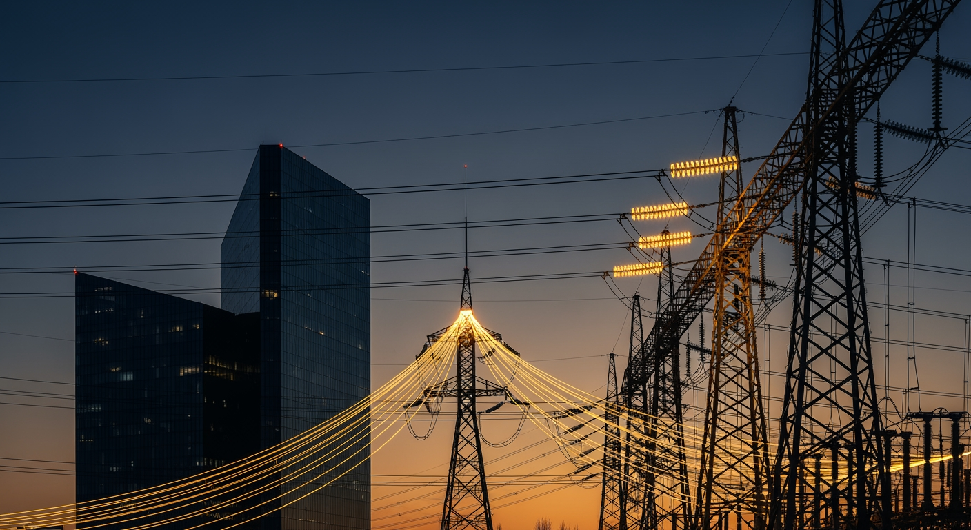 A data-center building wired into a glowing power grid at dusk