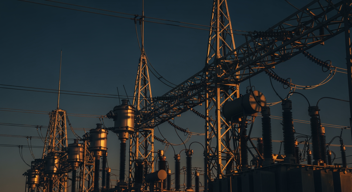 Electrical substation transformers at golden hour