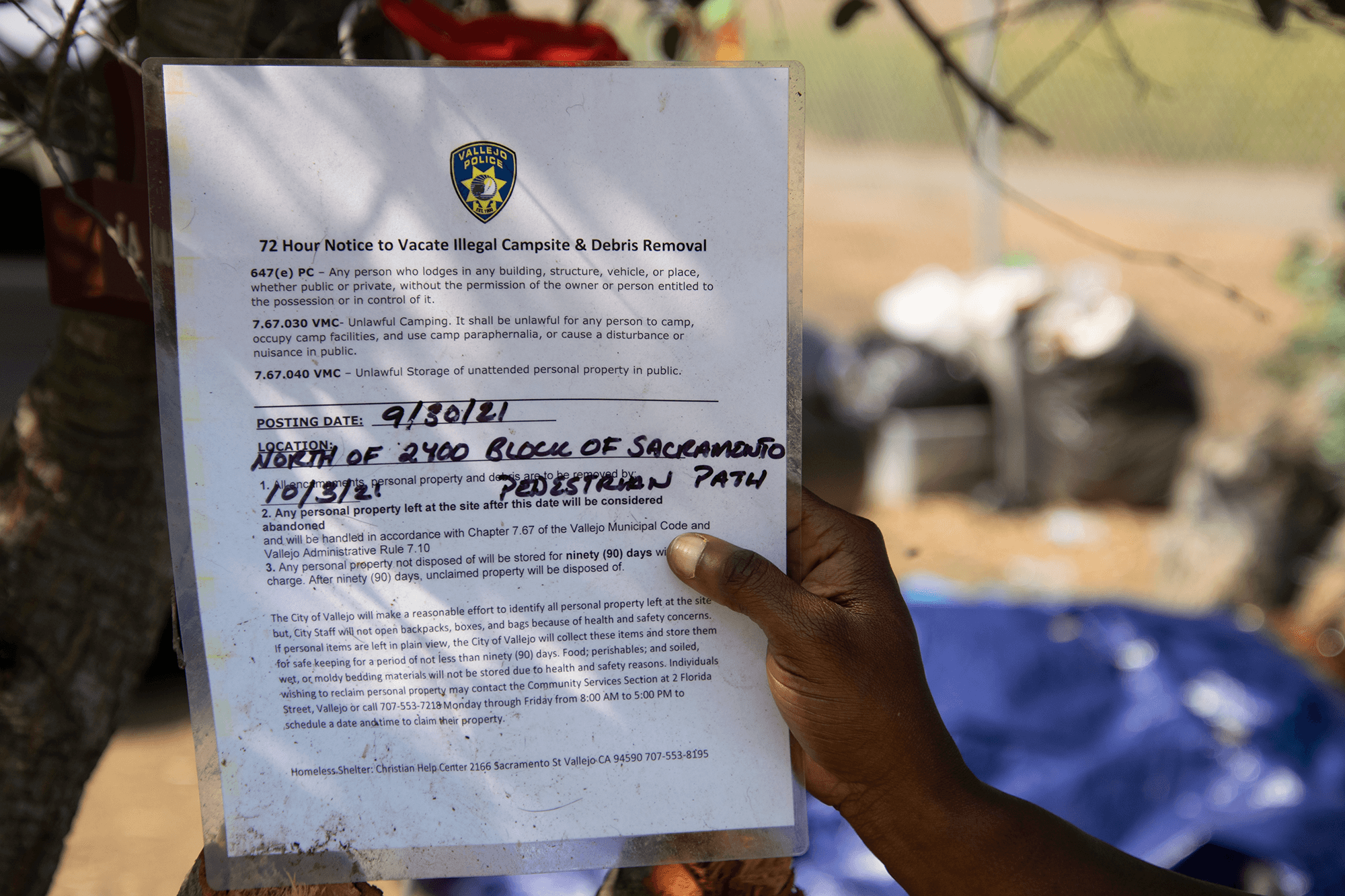 A notice posted at a Vallejo homeless camp