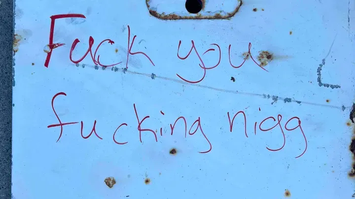 A racial slur painted in vandalism at new Vallejo youth center Watch Me Grow on Friday.