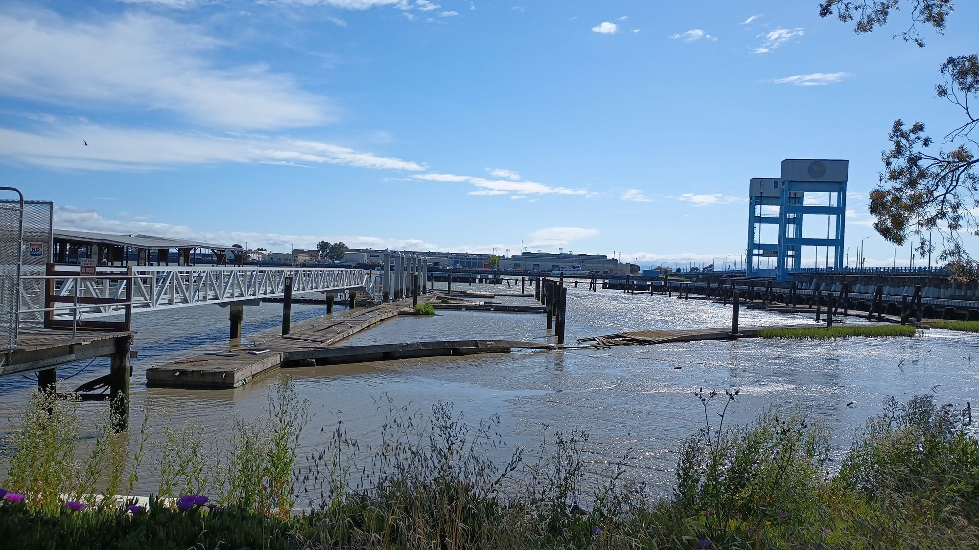 Abandoned docks on the northern side of the municipal marina next to the Coast Guard's metal dock. 