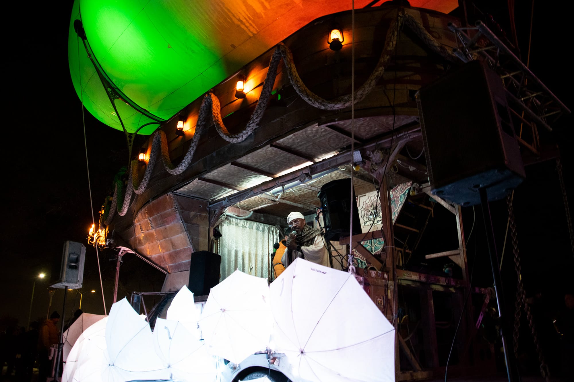 The “Airpusher” art car, crafted in the style of a Victorian sailing ship and rigged with a  internally lit Zeppelin.