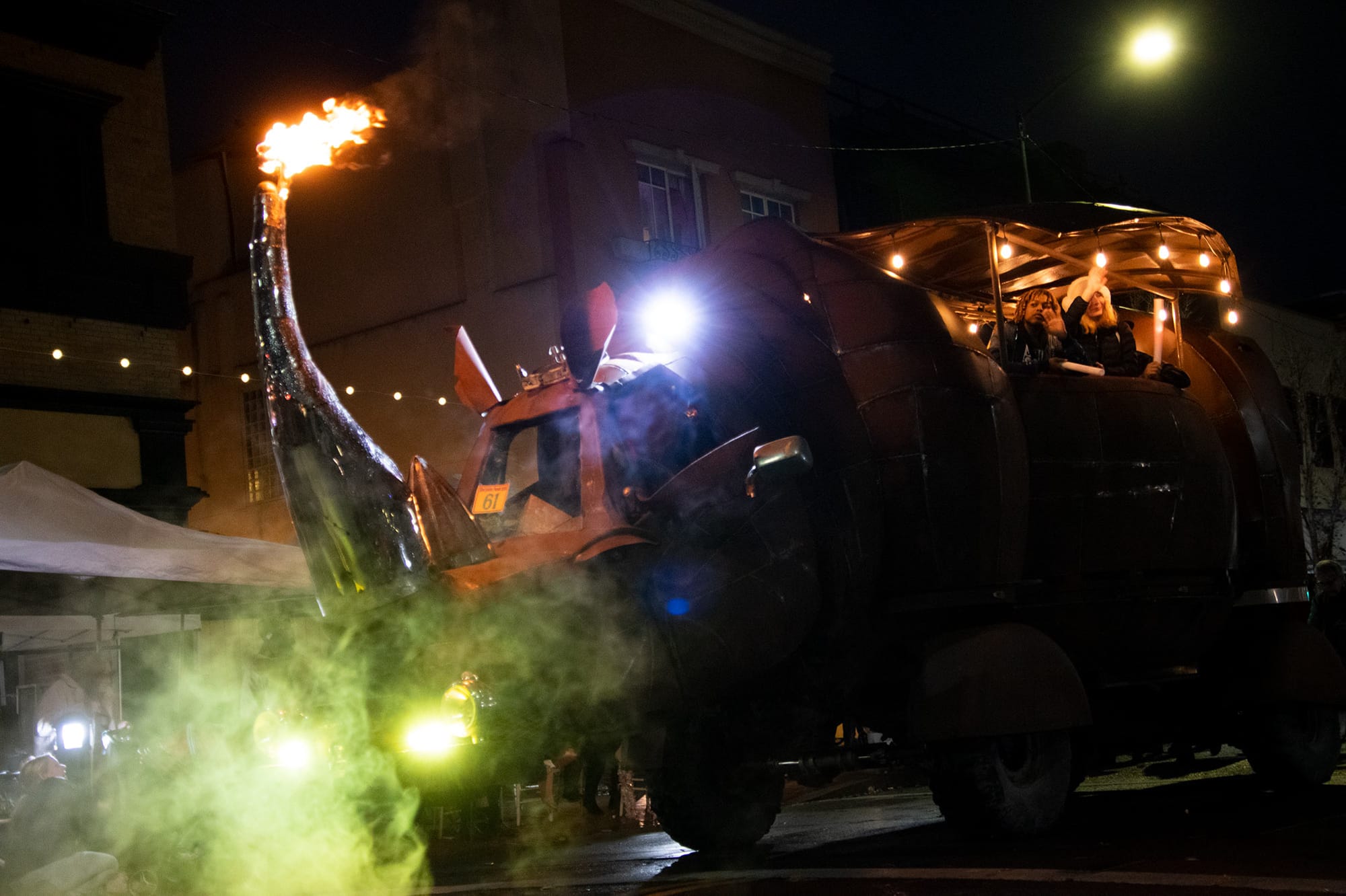 The 'Rhino Redemption' art car made from a 1974 Chevy pick-up truck by Petaluma artist Kevin Clark.